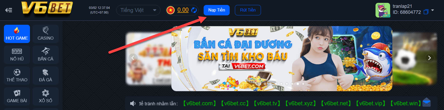 Cách vào mục ''Nạp tiền'' trên giao diện chính