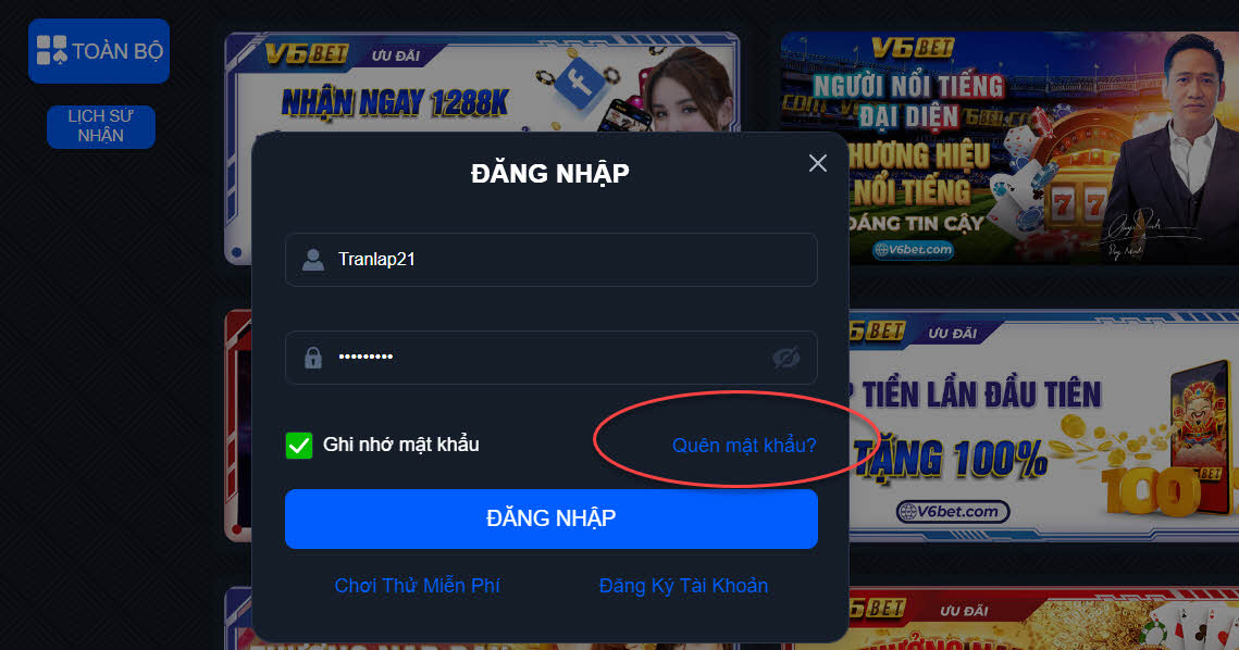 Chọn vào quên mật khẩu để lấy lại nếu bạn không nhớ
