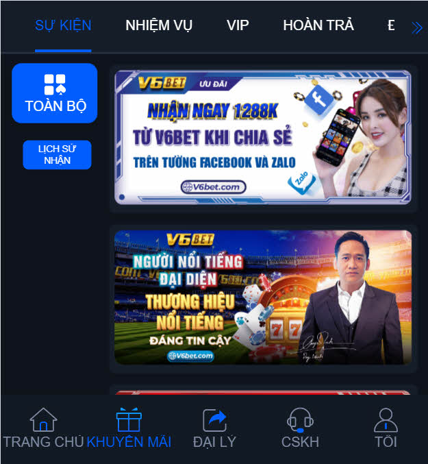 Giao diện điện thoại trên trên chủ V6Bet