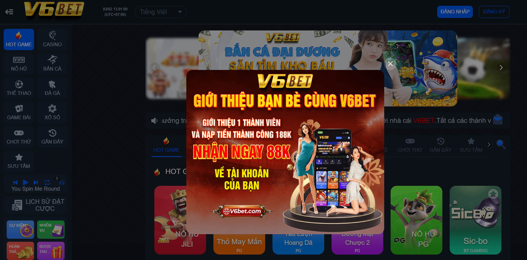 Giao diện máy tính khi truy cập vào V6Bet