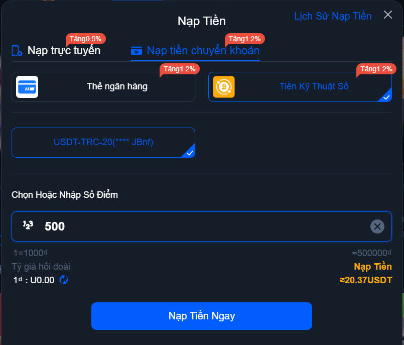 Nạp tiền V6Bet bằng tiền kỹ thuật số USDT